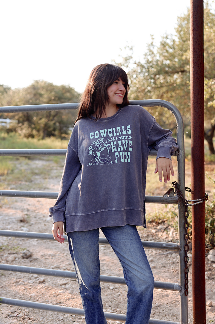 Cowgirls Just Wanna Have Fun (Charcoal) - Mineral Wash Pullover