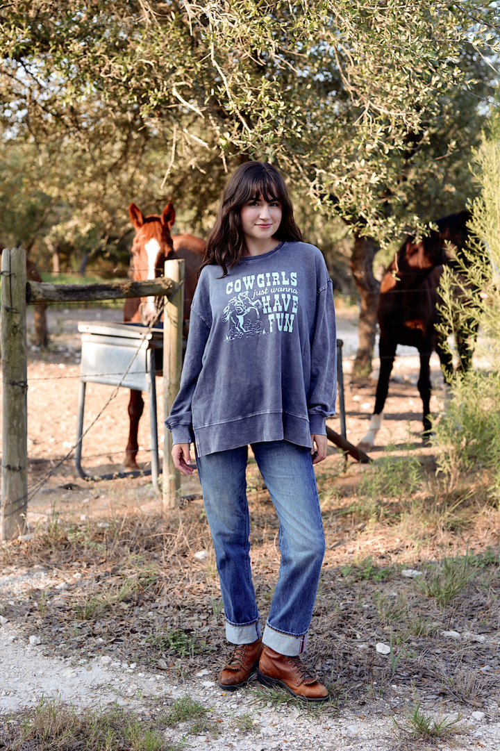 Cowgirls Just Wanna Have Fun (Charcoal) - Mineral Wash Pullover