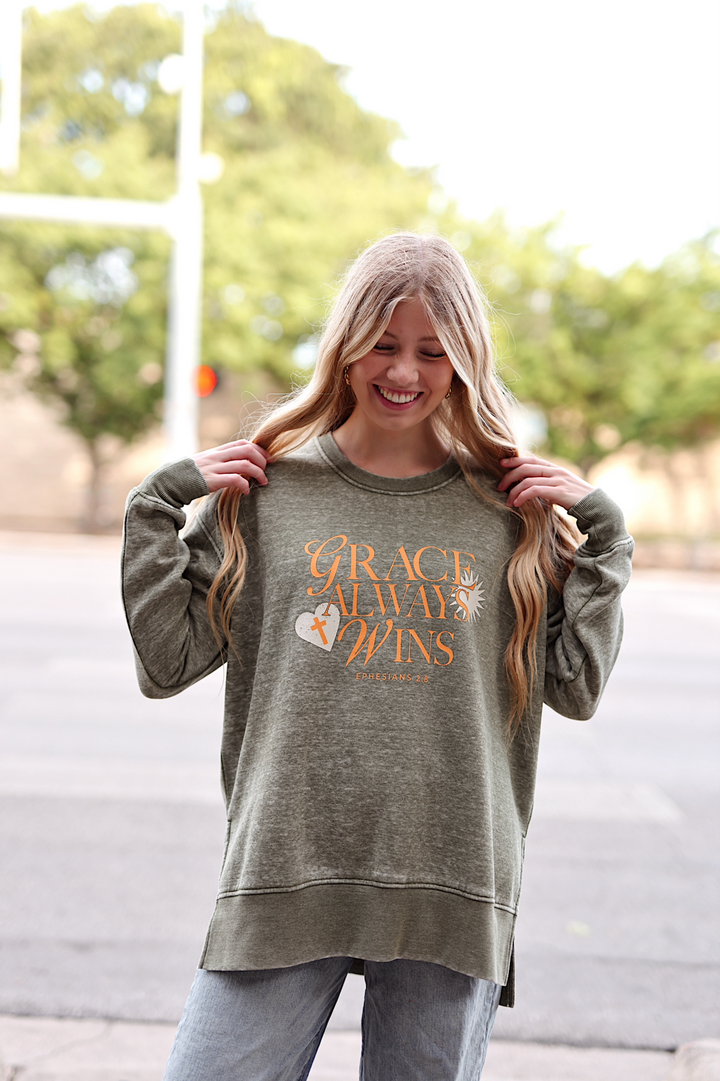 Grace Always Wins Burnout Sweatshirt -  (Olive)