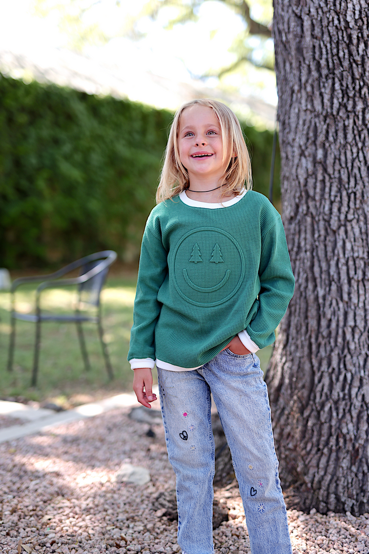 Holiday Happy Trees - Effortless Embossed YOUTH Waffle Pullover (Pine/Cream)