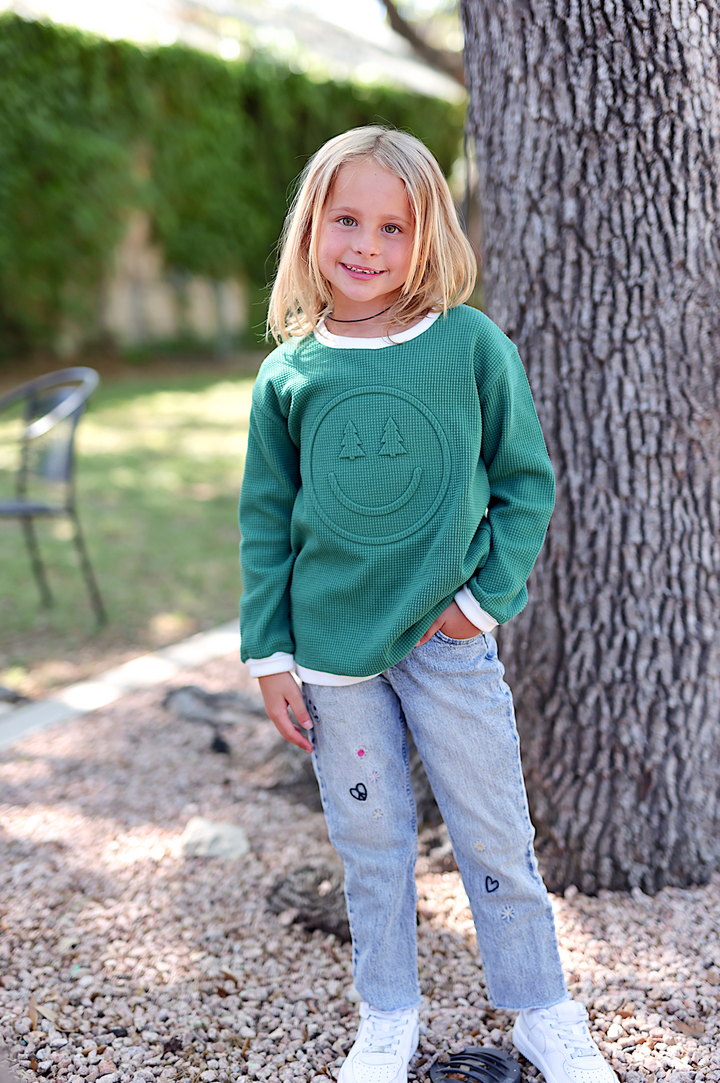 Holiday Happy Trees - Effortless Embossed YOUTH Waffle Pullover (Pine/Cream)