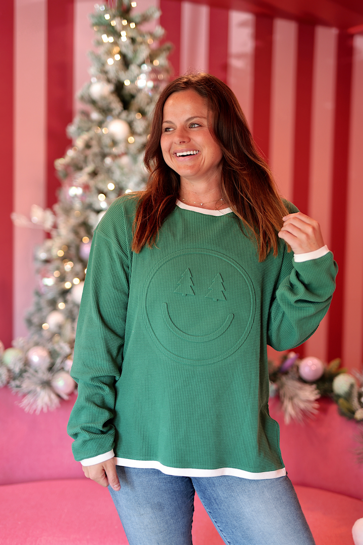 Holiday Happy Trees - Effortless Embossed Waffle Pullover (Pine/Cream)