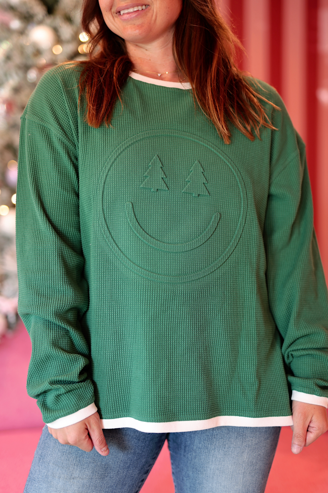 Holiday Happy Trees - Effortless Embossed Waffle Pullover (Pine/Cream)