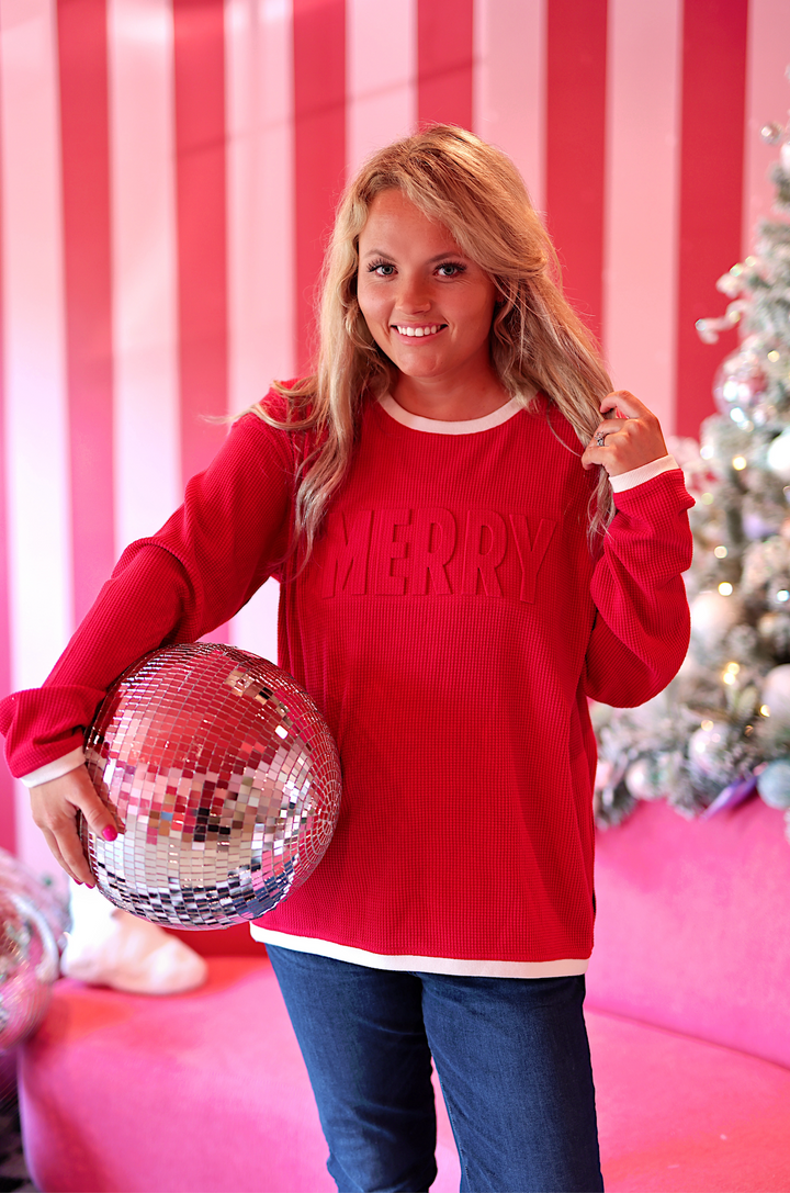 Merry - Effortless Embossed Waffle Pullover (Red/Cream)