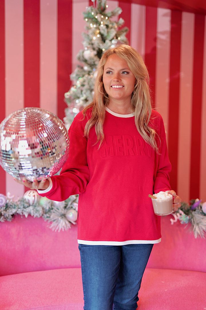 Merry - Effortless Embossed Waffle Pullover (Red/Cream)