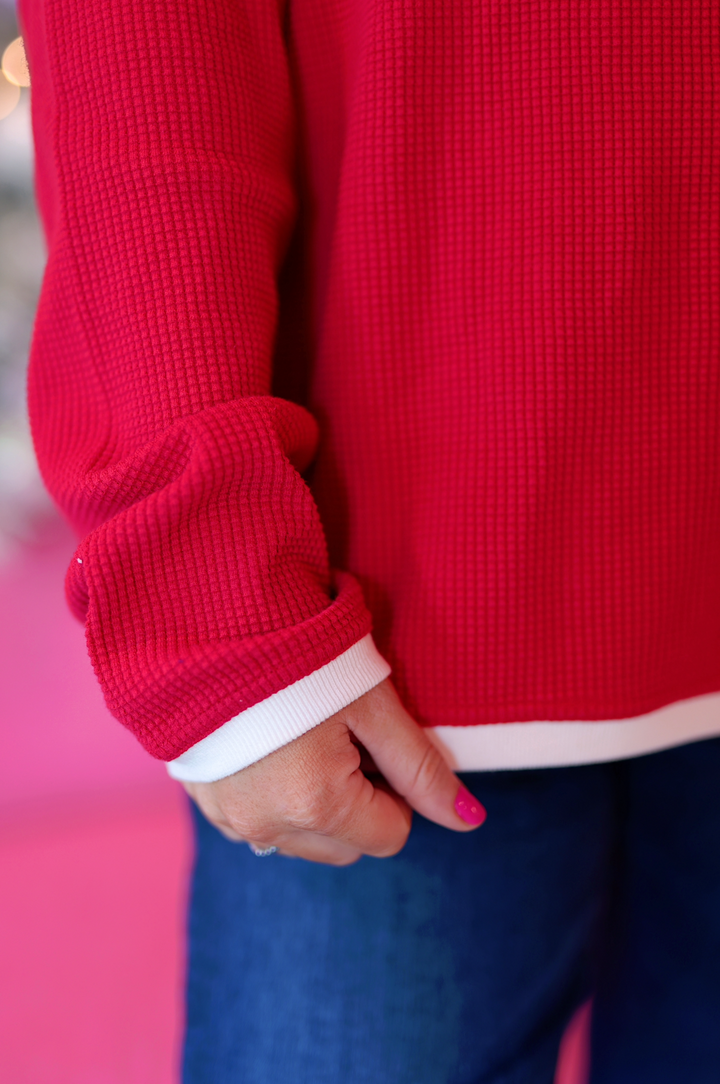 Merry - Effortless Embossed Waffle Pullover (Red/Cream)