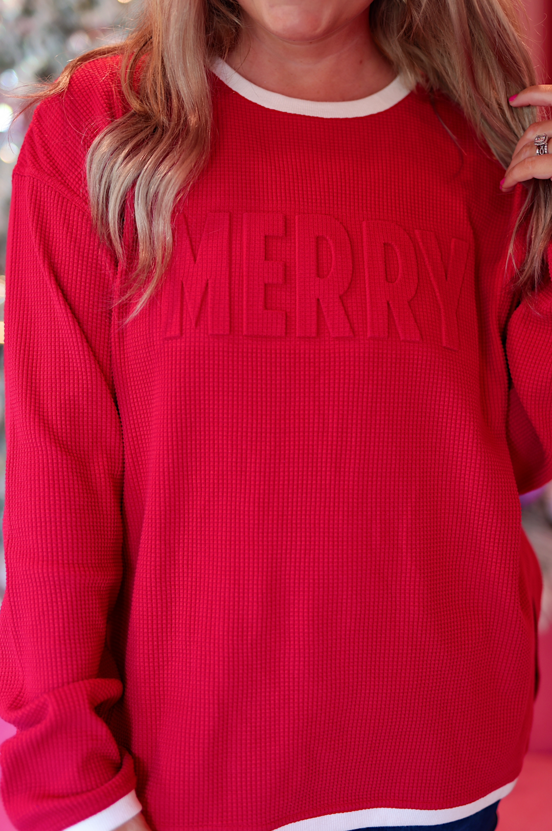 Merry - Effortless Embossed Waffle Pullover (Red/Cream)