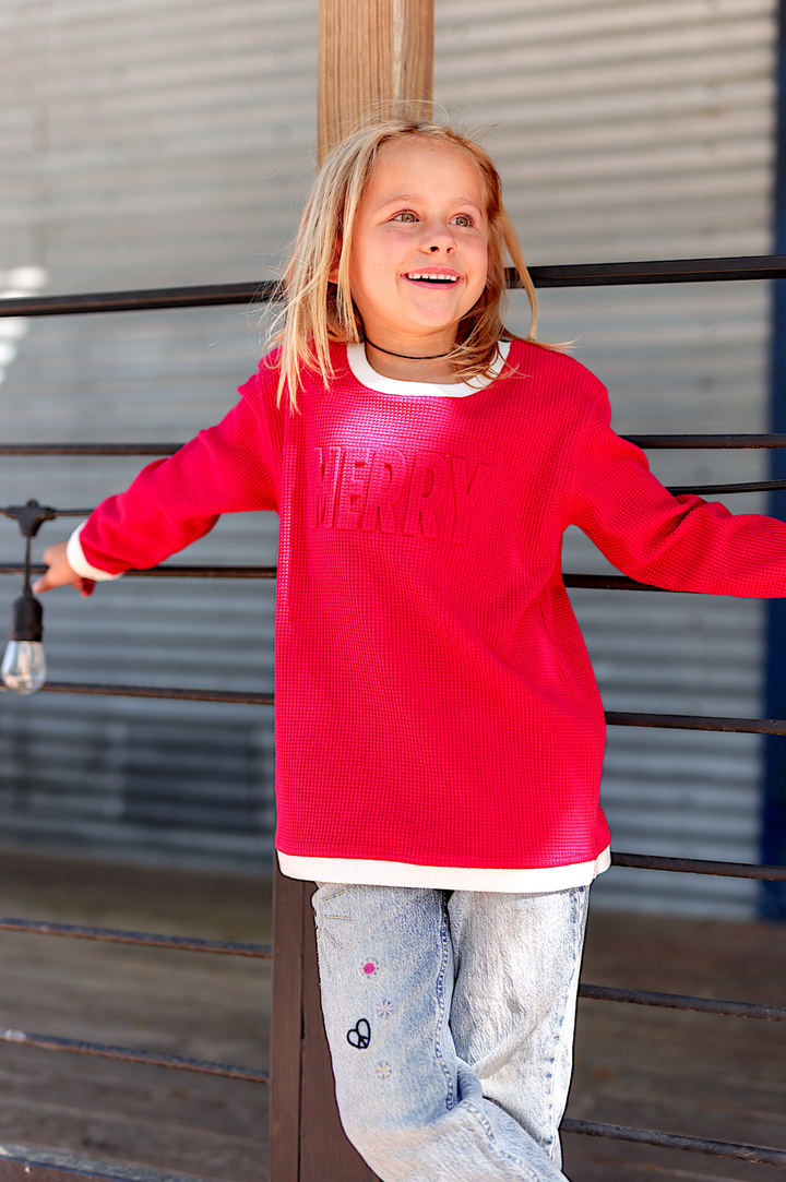 MERRY - Effortless Embossed YOUTH Waffle Pullover (Red/Cream)