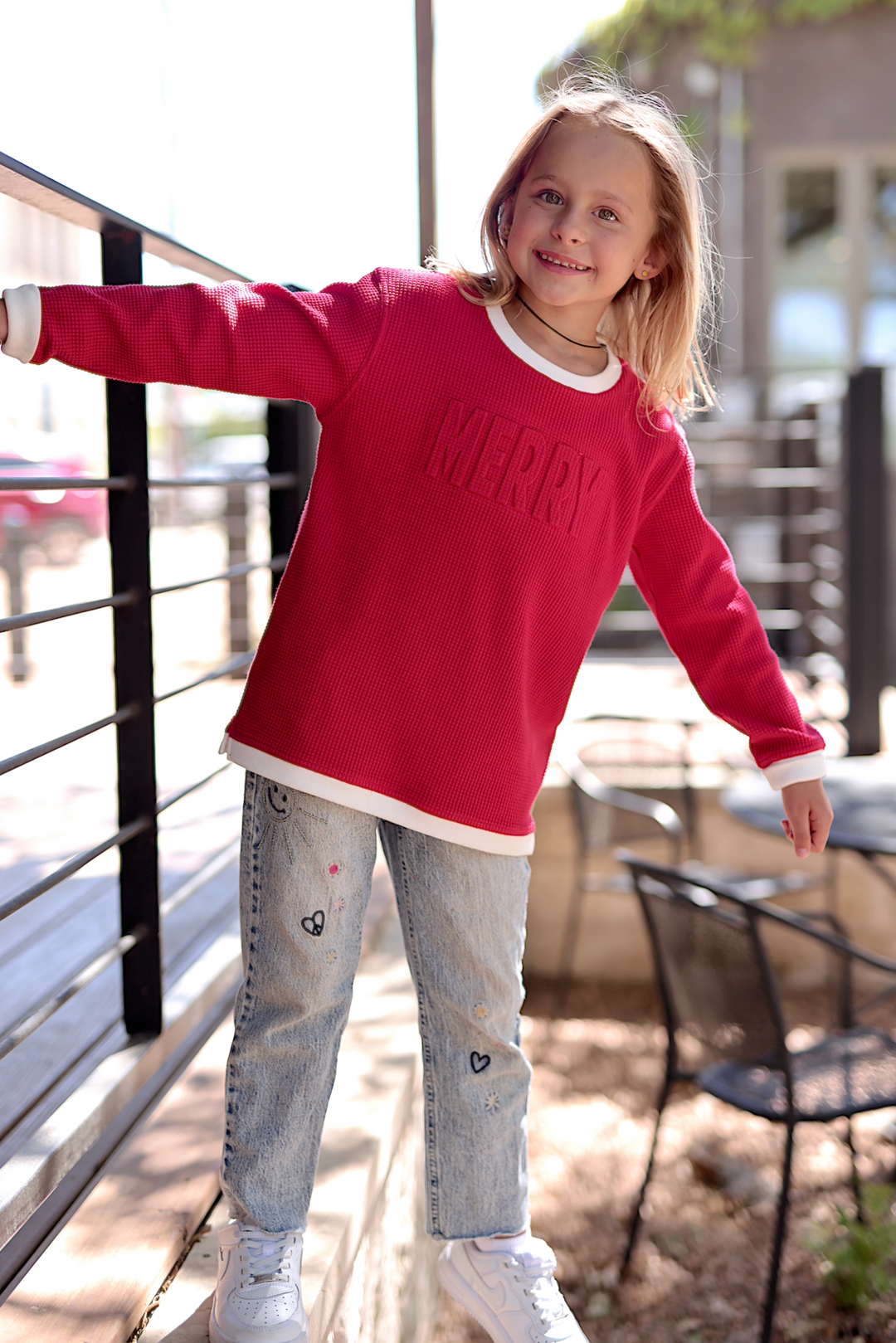 MERRY - Effortless Embossed YOUTH Waffle Pullover (Red/Cream)