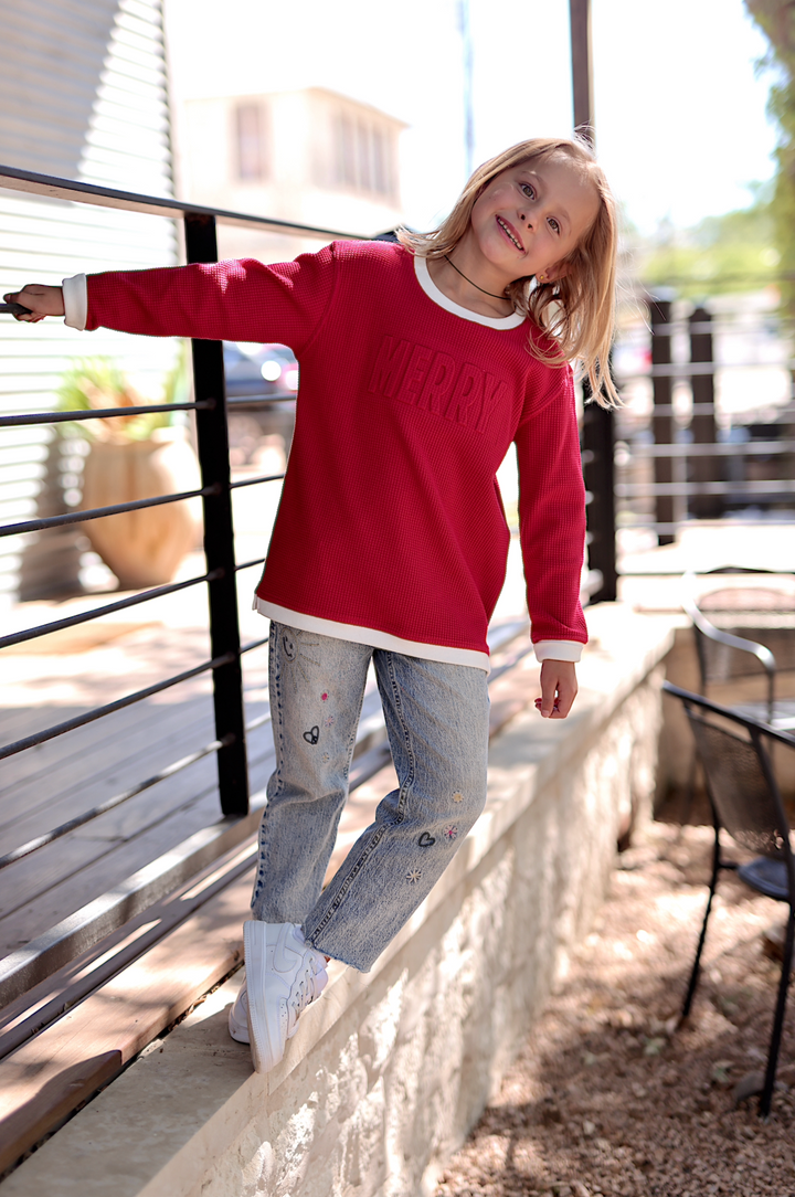 MERRY - Effortless Embossed YOUTH Waffle Pullover (Red/Cream)