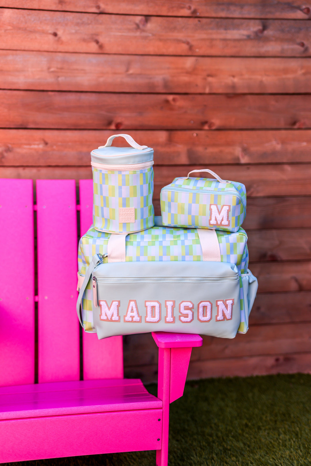 Colorful patterned travel bag set with insulated cooler, grey and pastel shades, personalized with Madison.