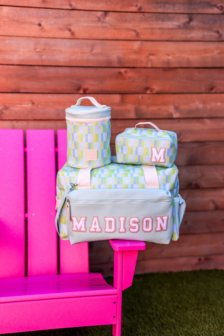 Stylish Madison multi-compartment bag set in pastel colors, featuring insulated materials and personalized designs.