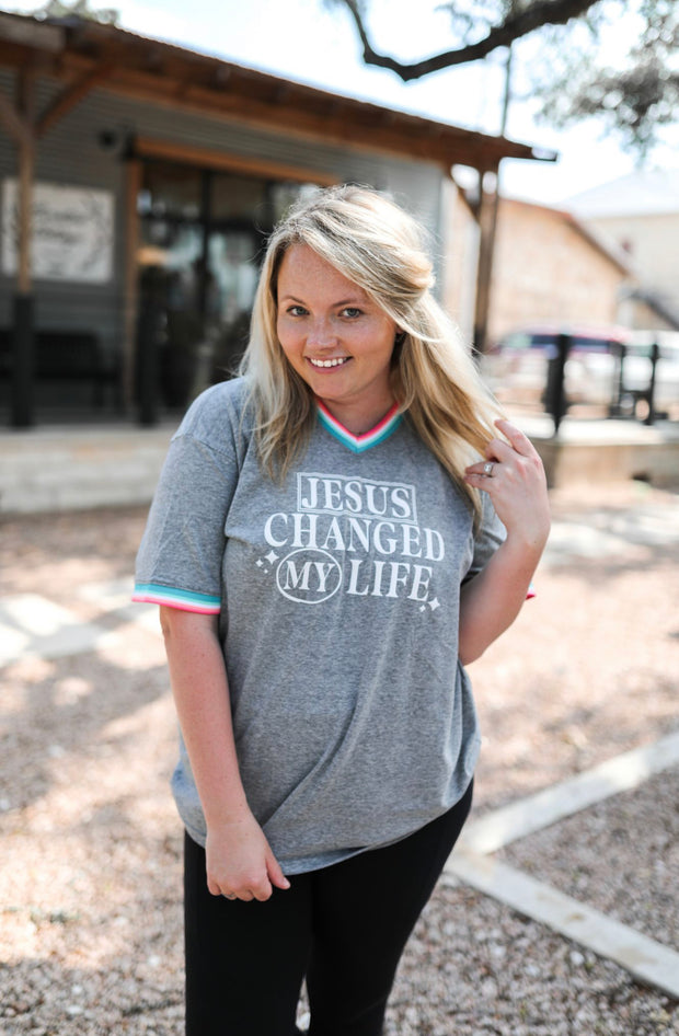 Jesus Changed My Life - Puff Print (Dark Grey Decorative Rib) - Short Sleeve / V-Neck