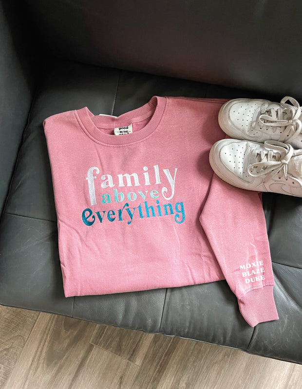 CUSTOM Family Above Everything Embroidery (Mauve) - Acid Wash Sweatshirt / Crew