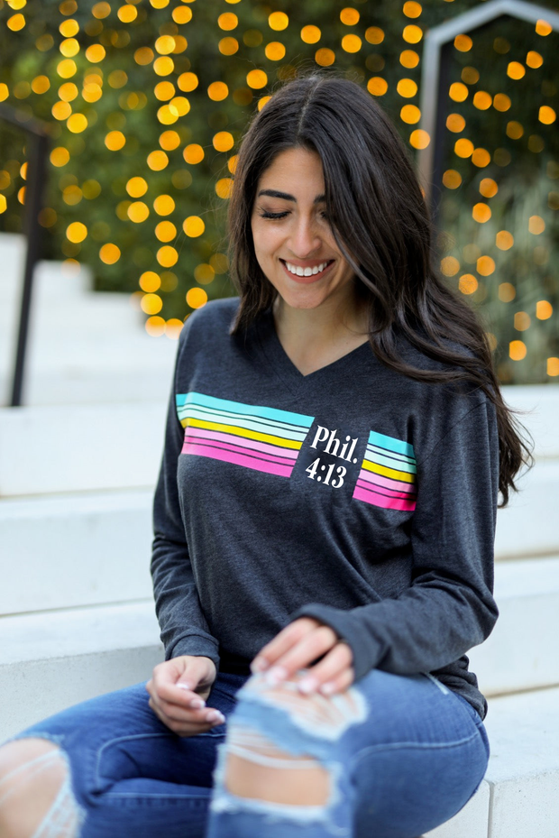 CUSTOM Bible Verse stripe (Black Heather) - Long Sleeve / V-Neck