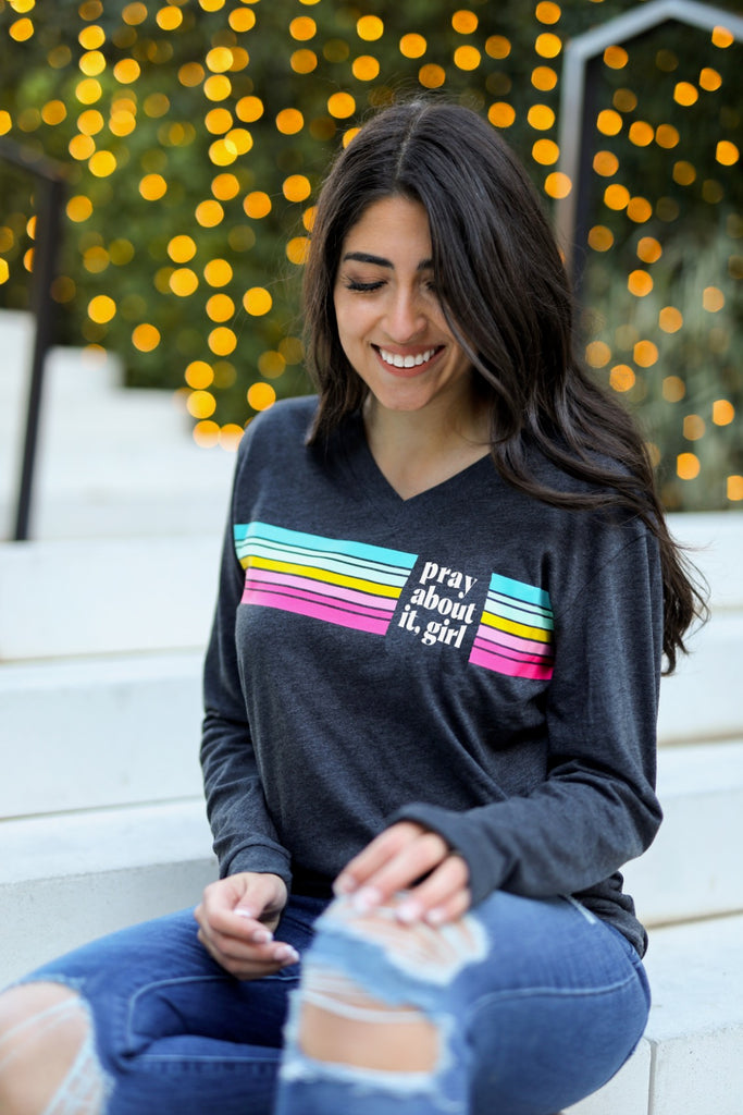 Pray About It Girl (Black Heather) - Long Sleeve / V-Neck