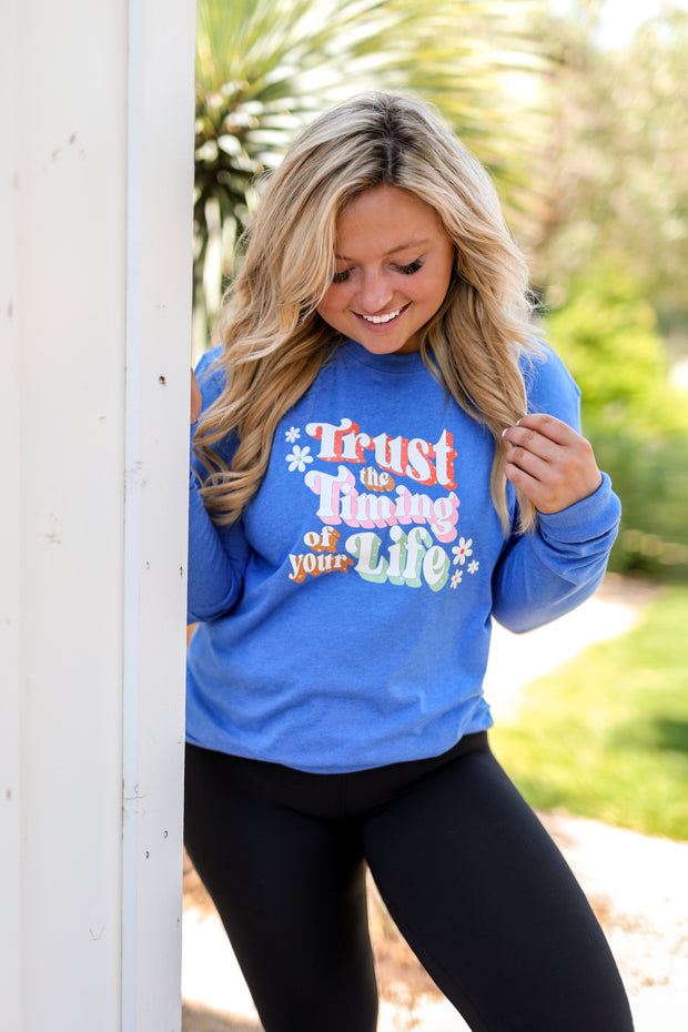 Trust The Timing (Flo Blue Heather) - Long Sleeve / Crew