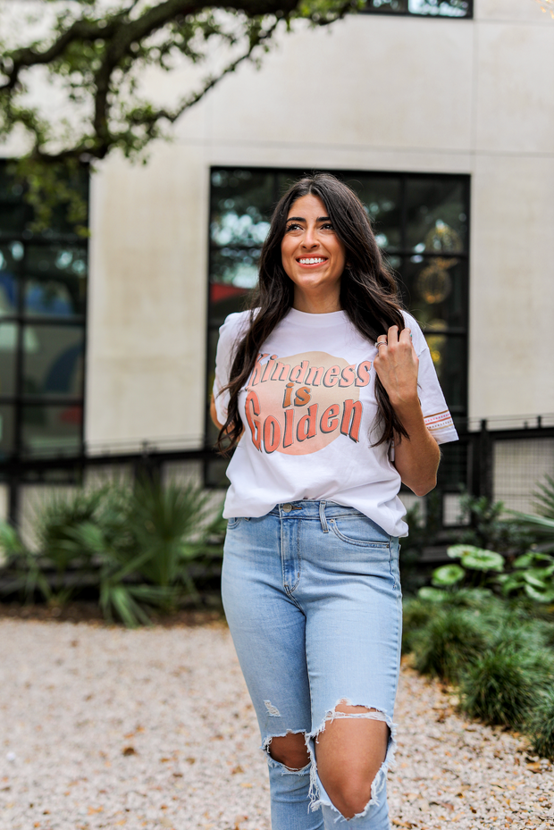 Kindness Is Golden - (White w/ Decorative Sleeve) - Short Sleeve / Crew