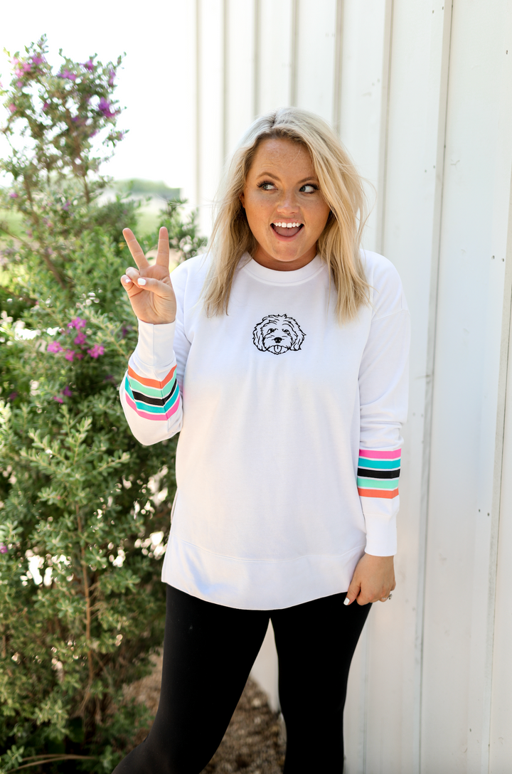 Doodle Embroidery (White Stripe Sleeve) - Fleece Sweatshirt / Crew
