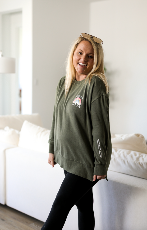 Anxiety Society Patch (Olive) - Acid Wash Sweatshirt / Crew