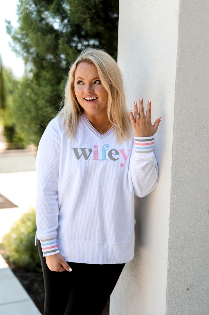 Wifey Embroidery (White Decorative Rib) - Corded Sweatshirt / V-Neck