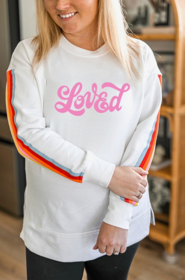 Loved (White Retro Stripe Sleeve) - Sweatshirt / Crew