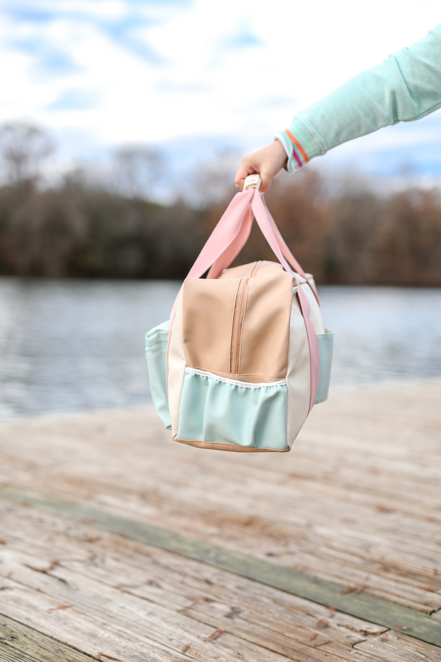 Custom Duffle Bag -  Color Block Carry On (Cream/Light Blue)