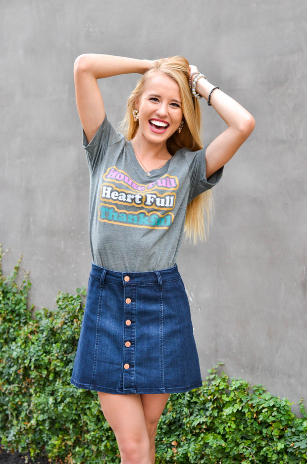TSL - House Full, Heart Full, Thankful (Grey) - Short Sleeve - V-Neck
