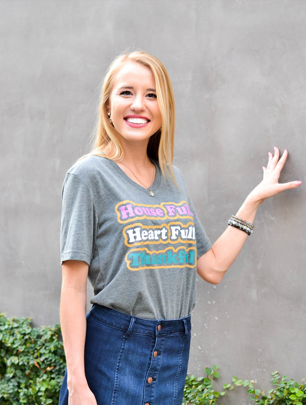 TSL - House Full, Heart Full, Thankful (Grey) - Short Sleeve - V-Neck